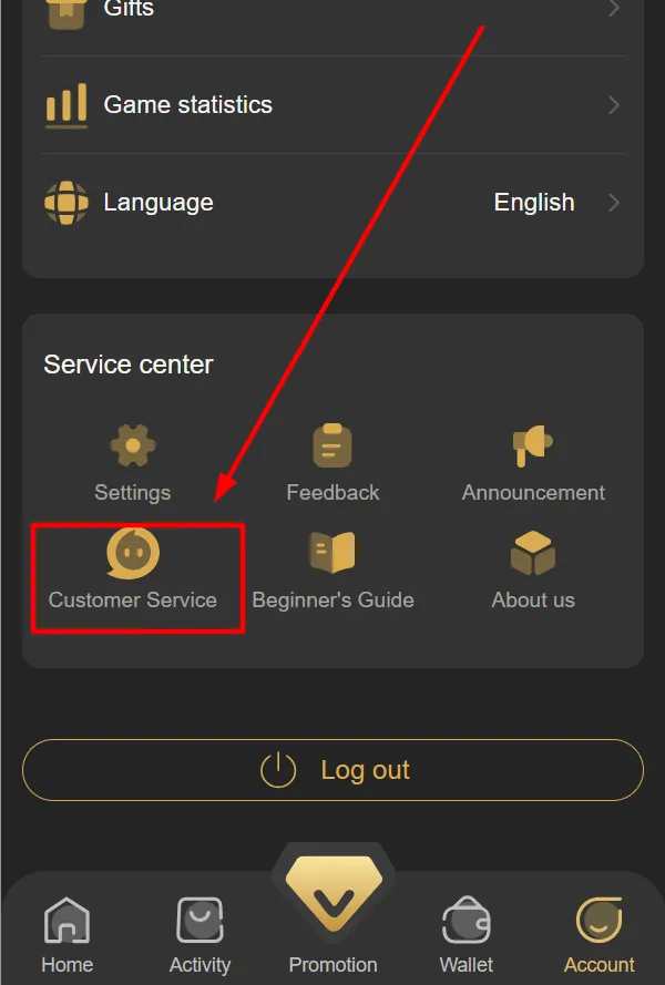 Accessing the Service Center and selecting Customer Service in the TPPlay app